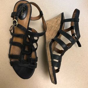 Clark’s Artisan black leather with cork 3” wedge